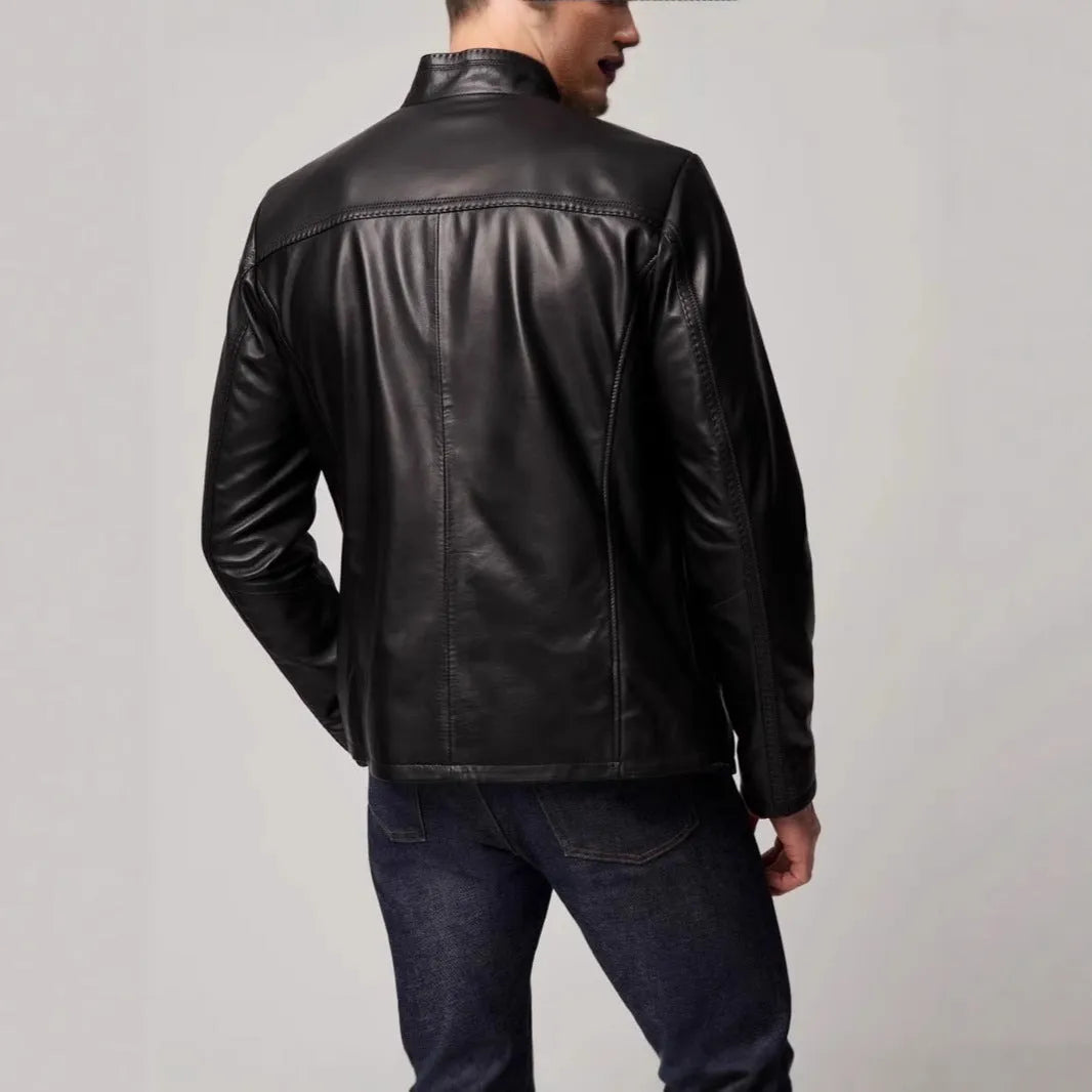Black men's American retro style leather jacket made from polyester fabric with long sleeves and straight hem