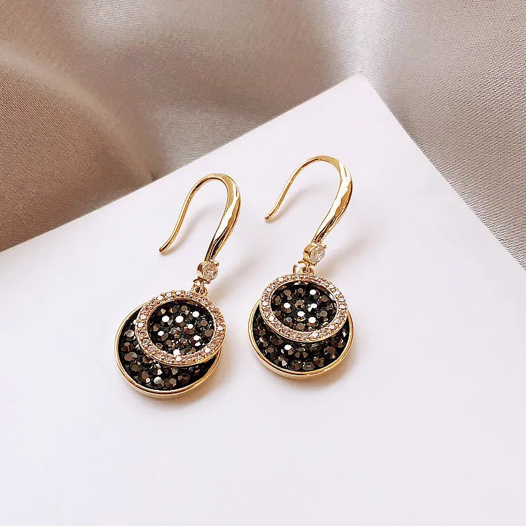 Black geometric alloy earrings with 3.6cm drop length and retro Hong Kong style