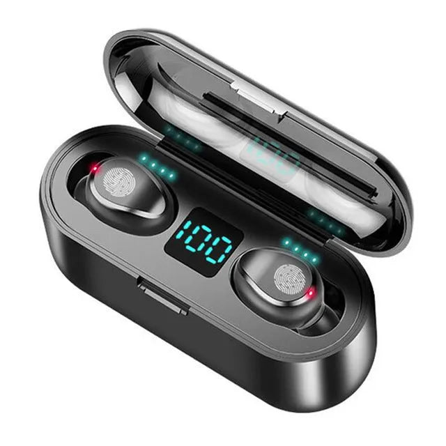 Black wireless Bluetooth 5.0 headset with earplug design for stereo sound and voice control