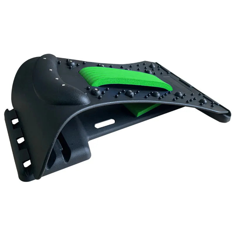 A black back massager and stretcher device with plastic pins and magnetic points on an adjustable frame.