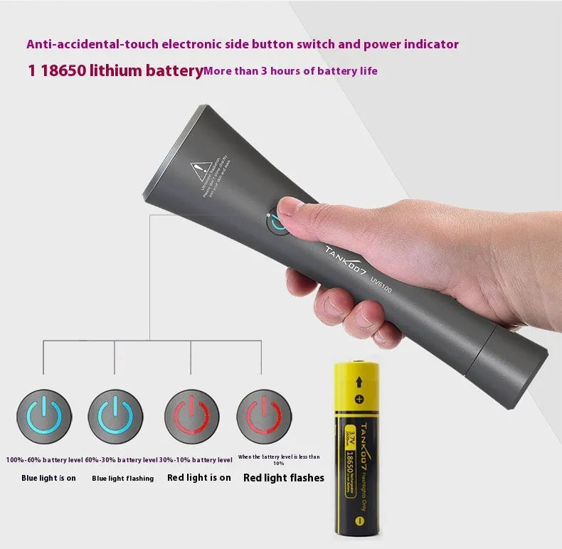 Black anodized aluminium UV flashlight for detecting pet urine stains and insects, showing USB-C charging port.