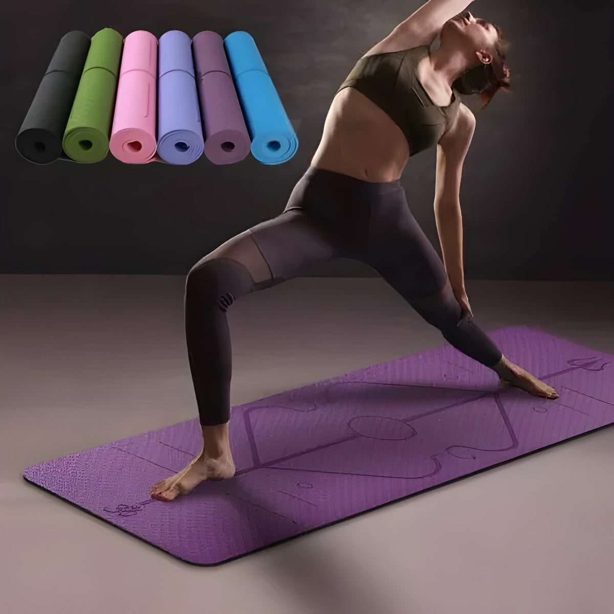 TPE yoga mat 183x61cm non-slip stripe pattern in deep blue rolled out on floor
