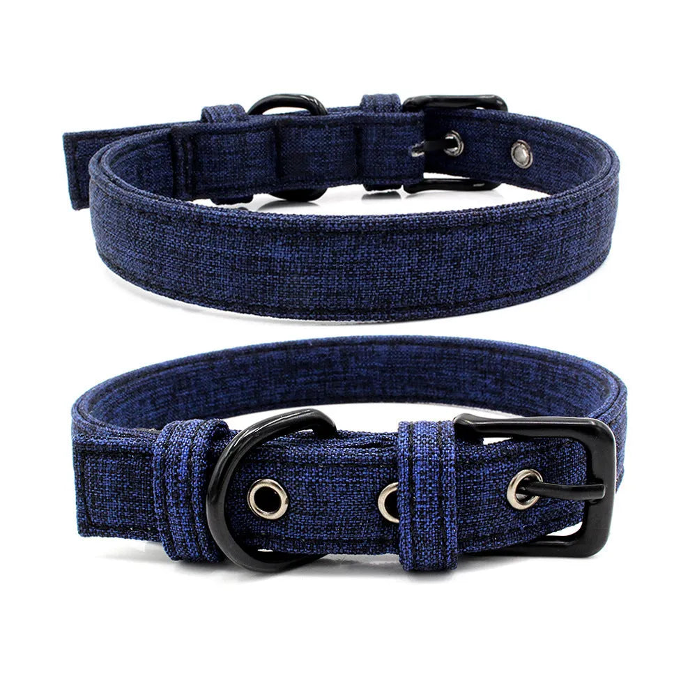 Double layer reflective canvas dog collar with metal D-ring, available in multiple sizes and colours