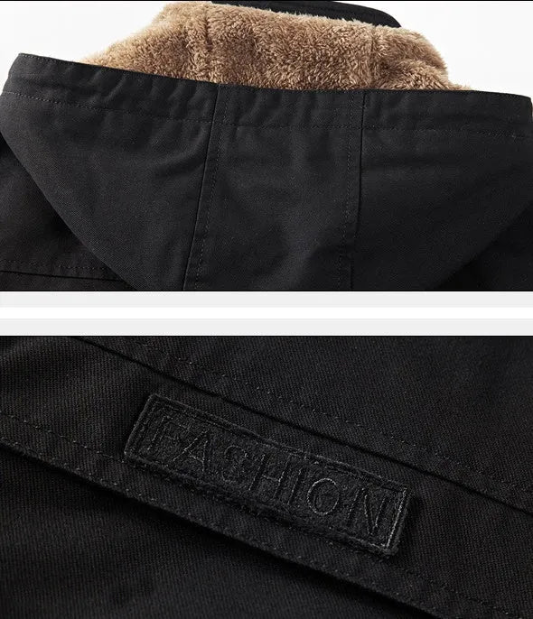 Men's thickened winter jacket in khaki with stand-up collar and zip front, loose fit casual style