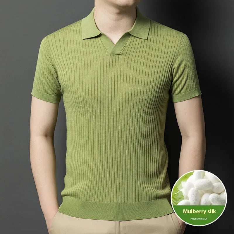 Man wearing a striped mulberry silk T-shirt with a short sleeve and lapel collar.