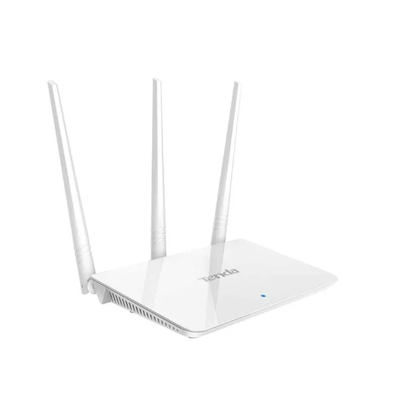 White dual-band wireless router on a desk