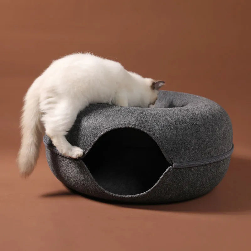 Grey felt cat nest tunnel with round bed and side tunnel entrance for cats