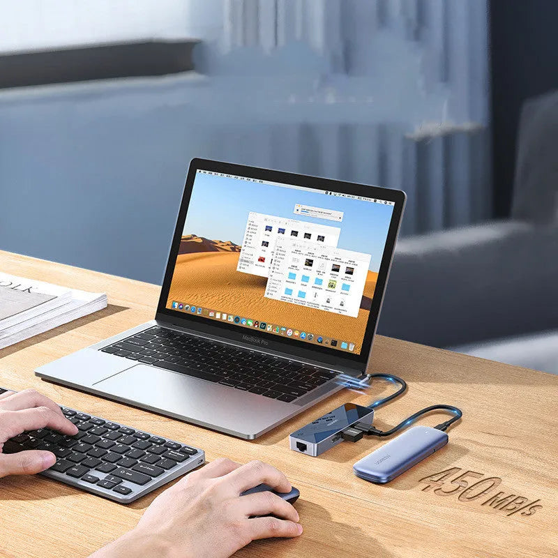 Space Gray 4-in-1 USB 3.0 hub adapter with HDMI, Gigabit Ethernet, and two USB ports on a 0.2m cable