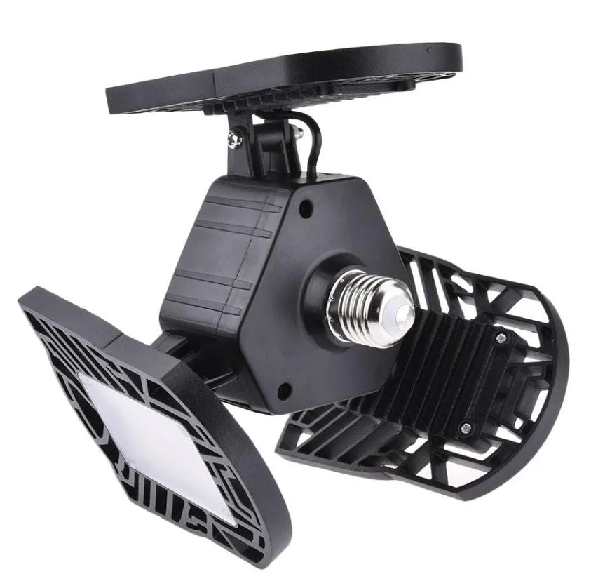 Silver 60W deformable LED garage light with adjustable heads, E27 base, and IP65 rating