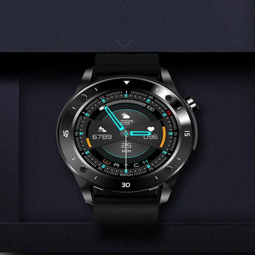 Black smartwatch with fitness tracking on a wrist, showing a 1.54-inch screen displaying heart rate and steps.