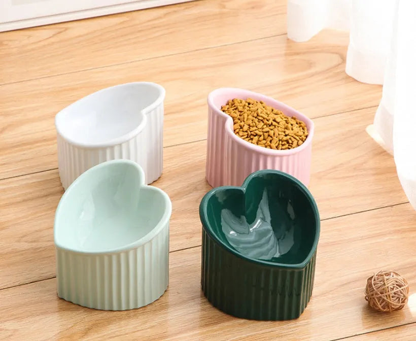 Close-up of a pink ceramic pet bowl with a slanted rim, showing the inclined feeding surface against a clean background.