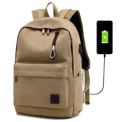 Canvas backpack with USB charging port and laptop compartment in grey colour