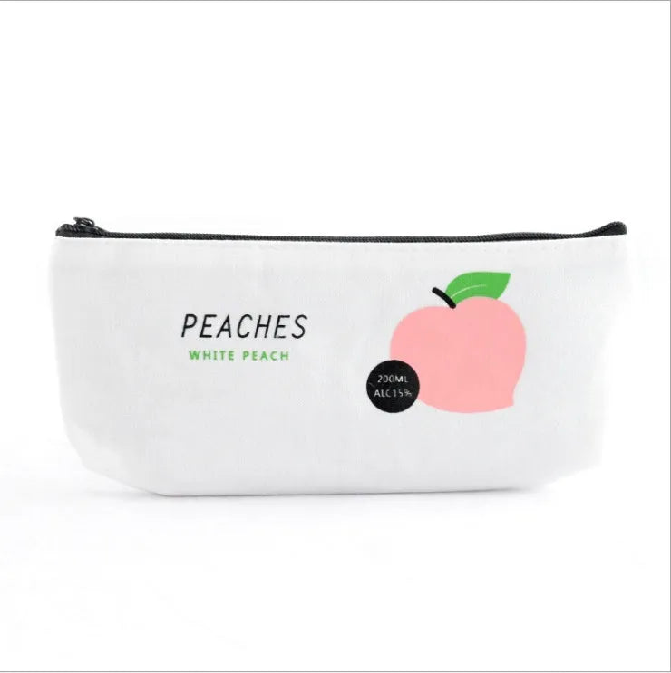 Rectangular canvas pen bag in peach print pattern, 20 by 8.5 centimetres, on a flat surface.