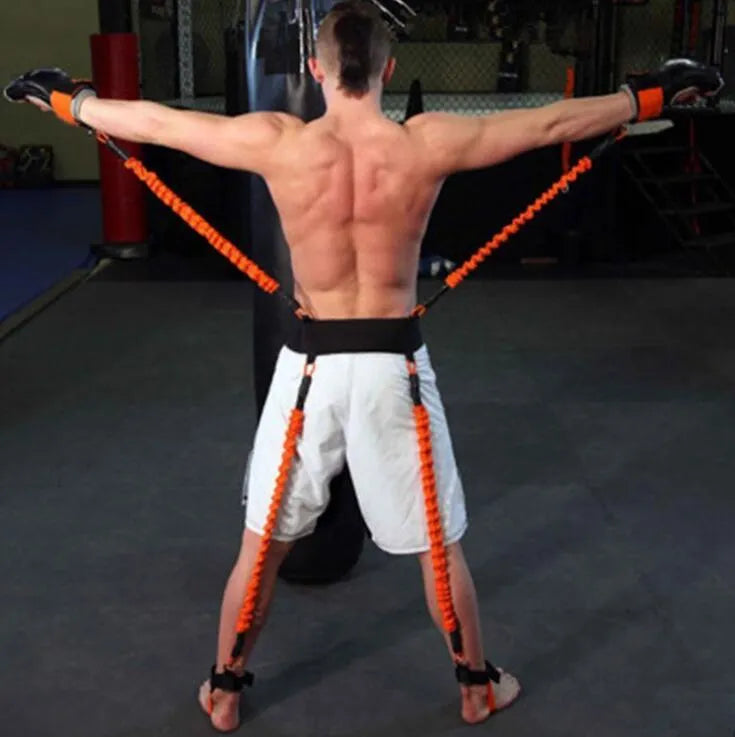 Boxing training belt set with 30LBS pull tubes, black waist belt, and straps on floor