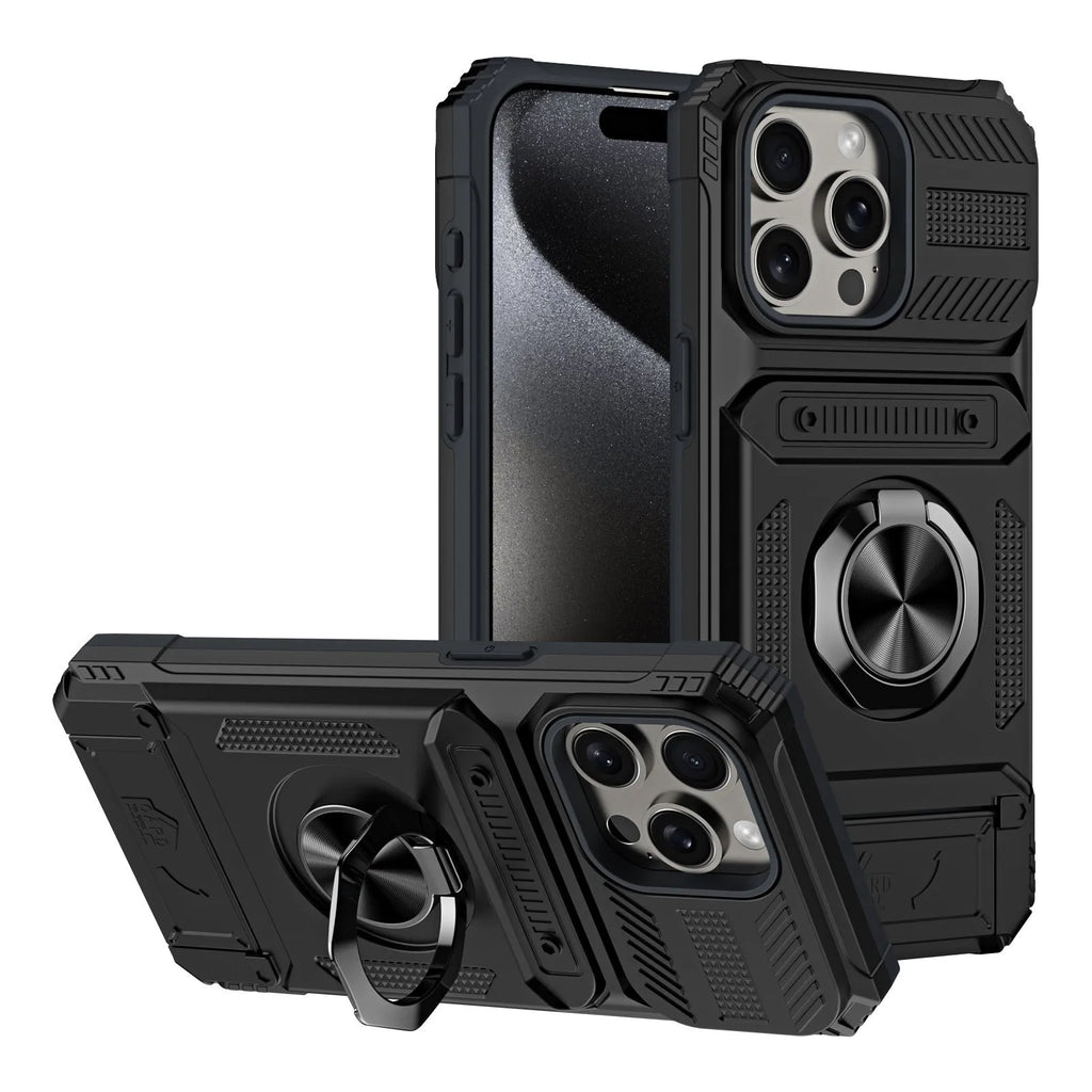 Multifunctional phone case with hidden card slot, bracket, and magnetic suction for iPhone in a range of colours including black and pink