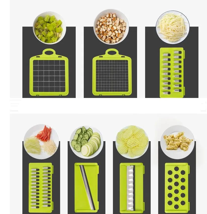 Multifunctional vegetable cutter with 7 stainless steel blades and wheat straw body in black, 31.8 cm