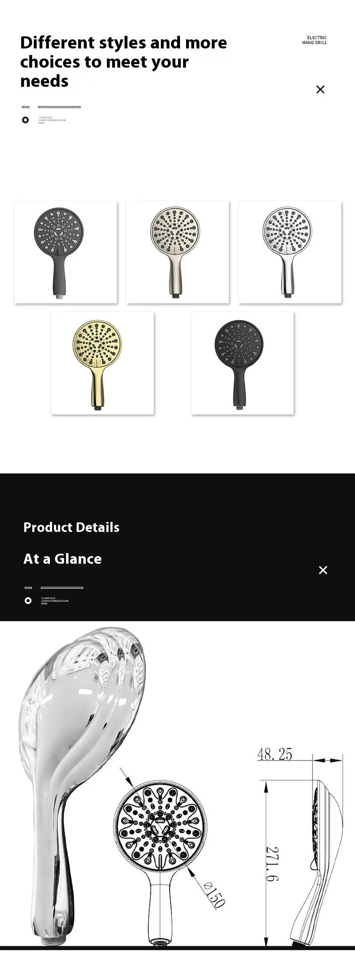 Handheld shower head with electroplated finish showing six-function selector