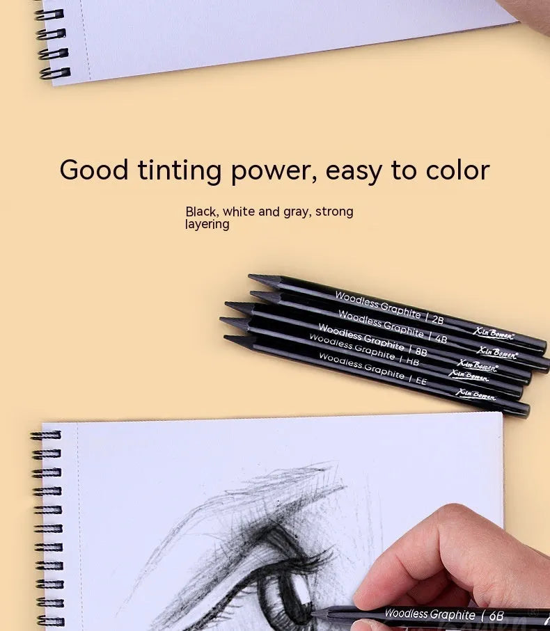 Set of six wood-free graphite sketching pencils in grades HB, 2B, 4B, 6B, 8B, and EE.