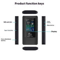 Black portable 5G Wi-Fi router showing LCD screen, USB-C port, and compact design