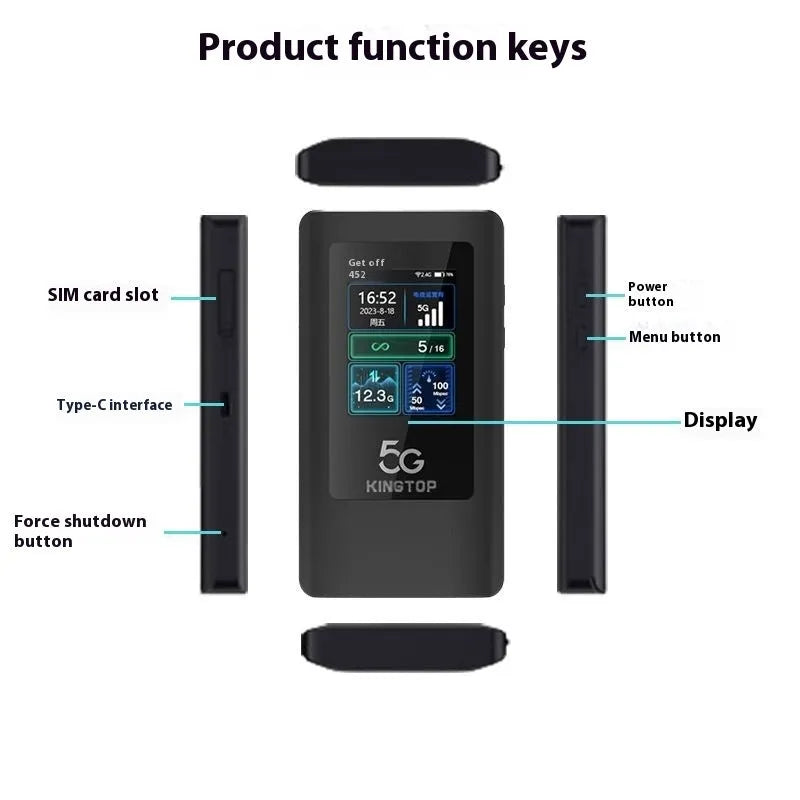 Black portable 5G Wi-Fi router showing LCD screen, USB-C port, and compact design