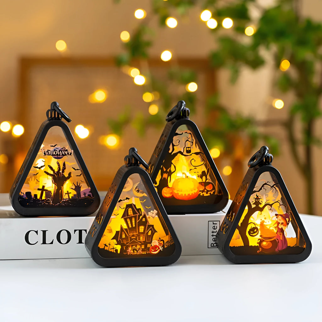 A portable Halloween decoration pumpkin lamp prop in plastic and glass, showing scale against a measuring tape.