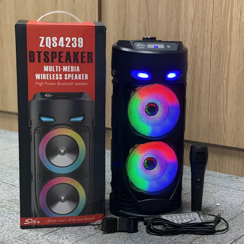 Black portable Bluetooth speaker with dual horn design and card slot