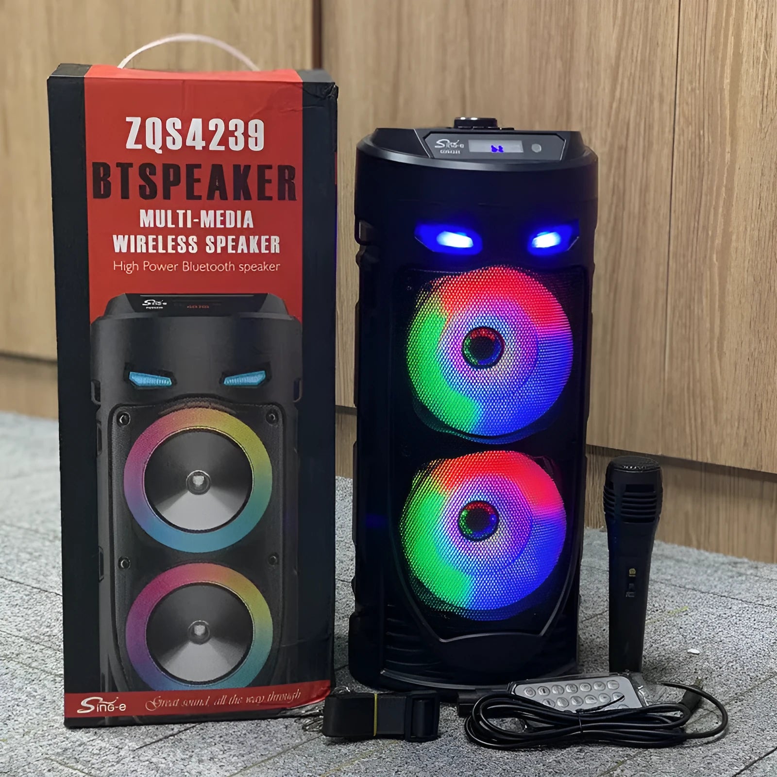 Black portable Bluetooth speaker with dual horn design and card slot