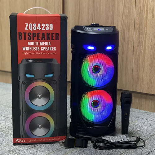 Black portable Bluetooth speaker with dual horn design and card slot