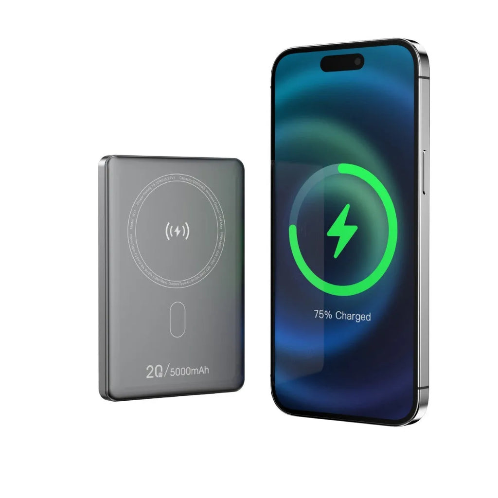 Magnetic wireless power bank with alloy shell in black, compact portable charger on a plain background