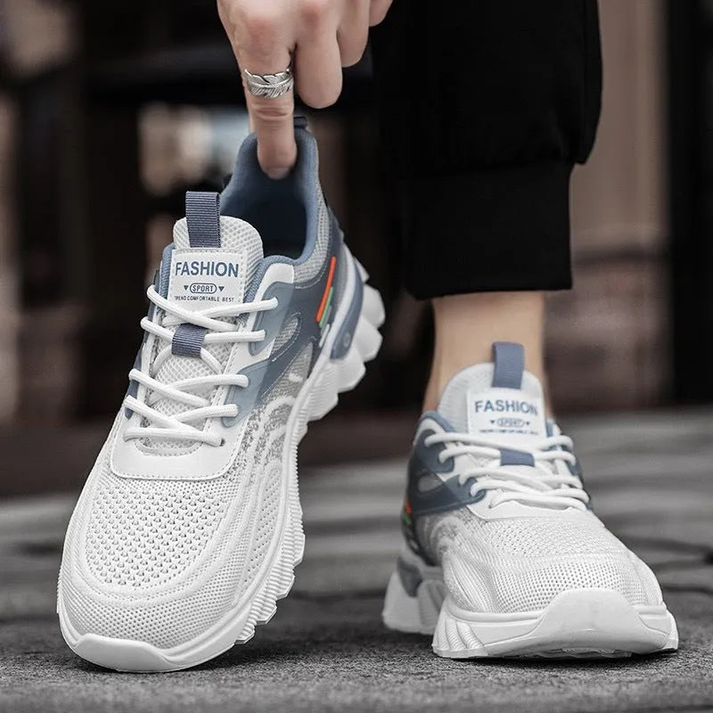Men's white blue and black platform casual running shoes with mesh upper and cross shoulder straps.