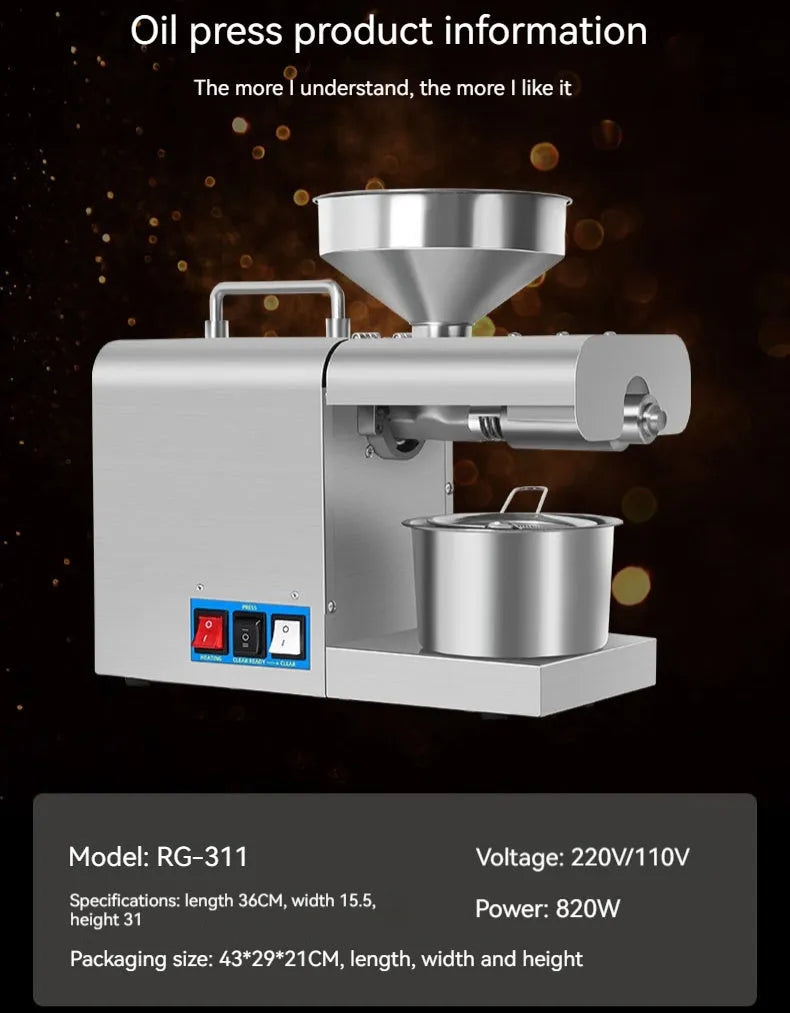 Xiangwei household oil press with digital display measuring 36cm long on kitchen counter