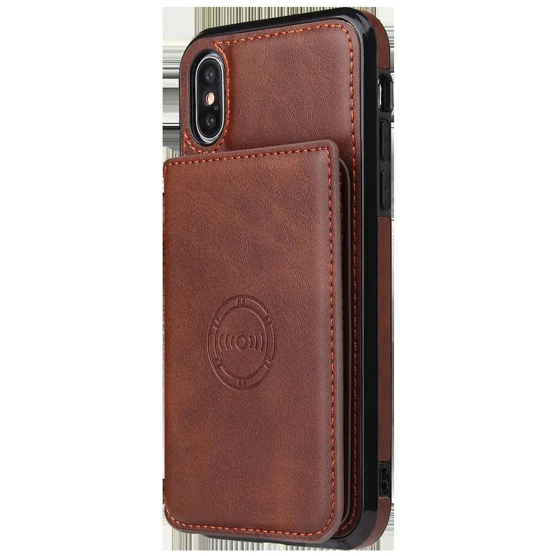 Synthetic leather back cover phone case with card wallet slot for iPhone, shown in multiple colour options.