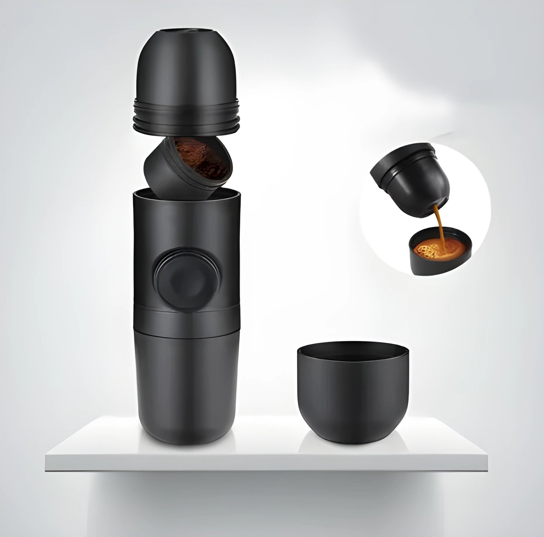 Black portable manual coffee machine measuring 6×17.5cm with stainless steel components