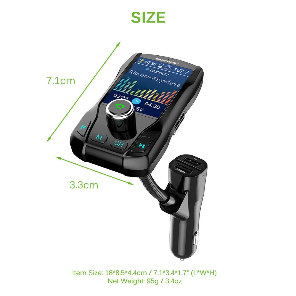Black Bluetooth car FM transmitter with colour screen and dual USB ports plugged into a car dashboard.