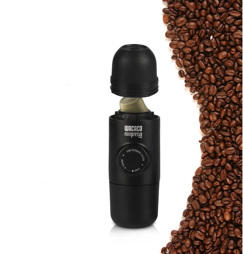 Black portable manual coffee machine measuring 6×17.5cm with stainless steel components