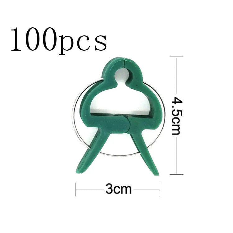 Green plastic and zinc plant fixing clips, showing large and small sizes for garden vine support.