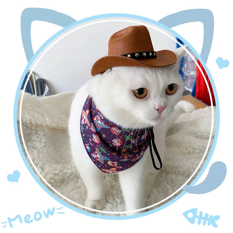 British-style brown cowboy hat for cats with star velvet belt trim