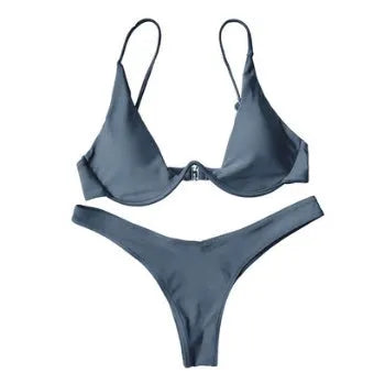 Multi-Color optional bikini swimsuit with strip steel belt and chest pad, available in 15 colours, solid colour open back design
