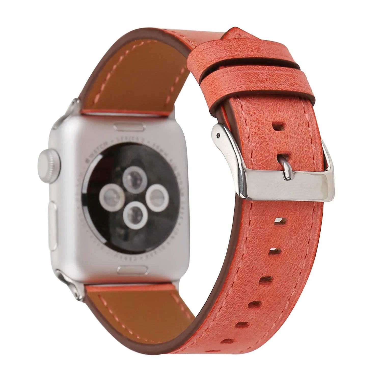 Blue leather watch strap with a silver folding buckle on a 42mm width watch case.