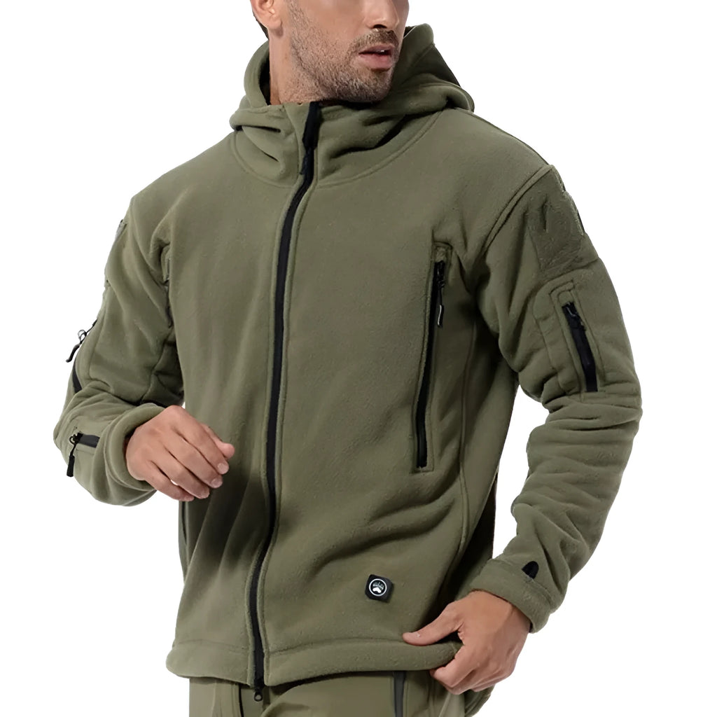 Men's military winter thermal fleece tactical jacket in khaki with multiple pockets on a model