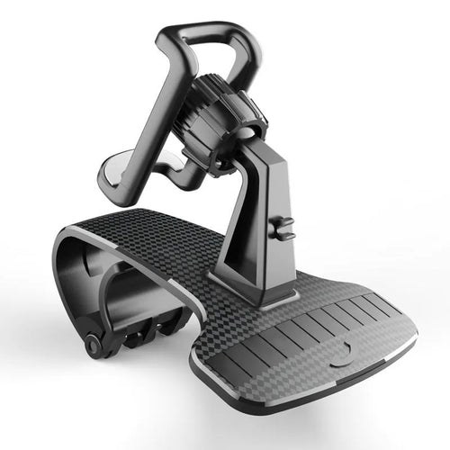 Black adjustable car phone holder with 360-degree rotating head on a car dashboard.