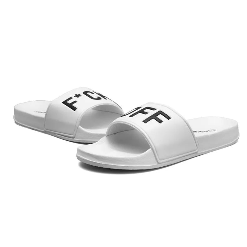 Men's black and white open toe personalised slippers with a rubber sole, shown in a large size.