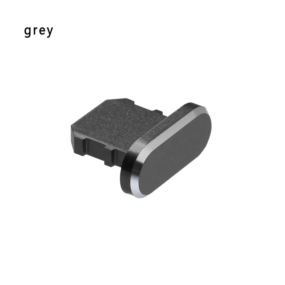 Aluminium alloy charging port dust plug for iPhone in various colours including gold, black, and rose gold.