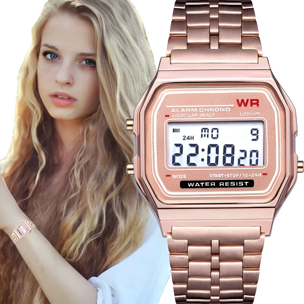 WR F91W electronic watch with stainless steel strap, number display, square dial, black colour
