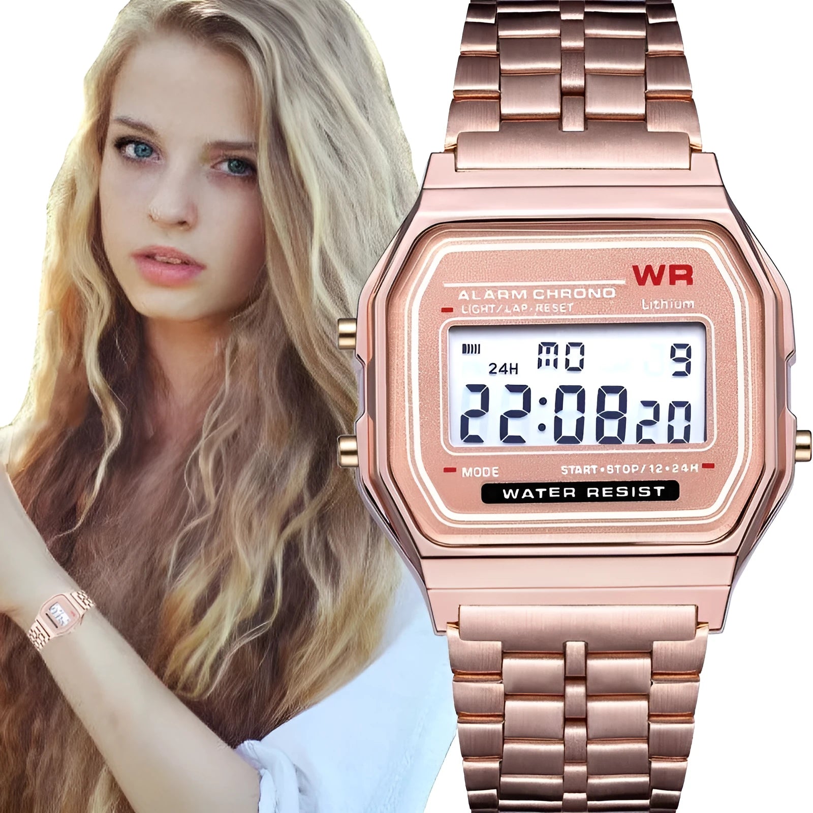 WR F91W electronic watch with stainless steel strap, number display, square dial, black colour