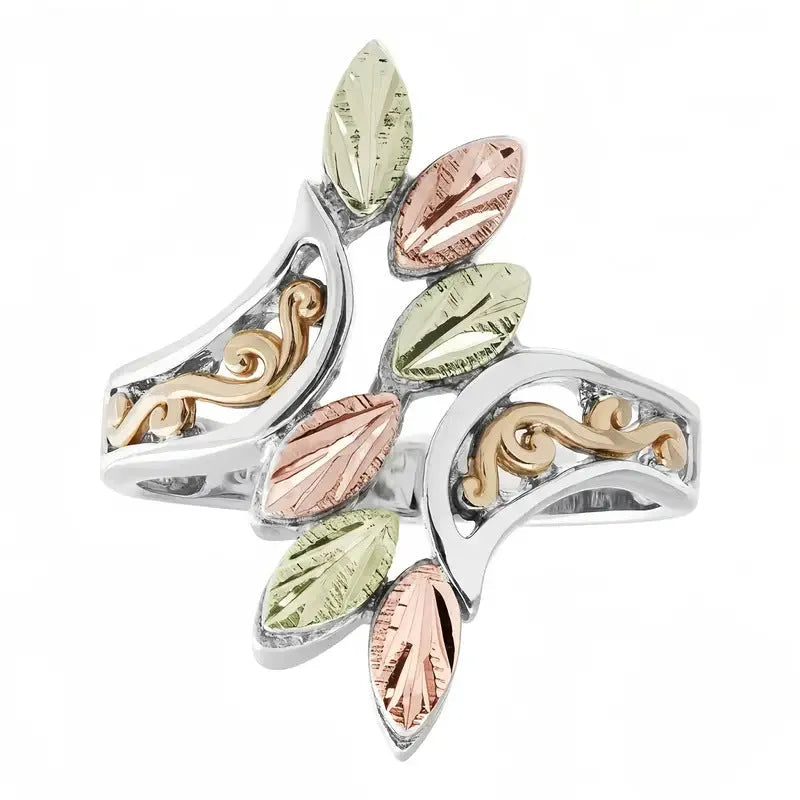 Hollow two-tone silver zinc alloy ring for women on flat surface, sizes 6 to 10 available