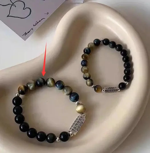 S925 sterling silver bracelet with Tigereye Obsidian beads and mantra engraving for men and women.