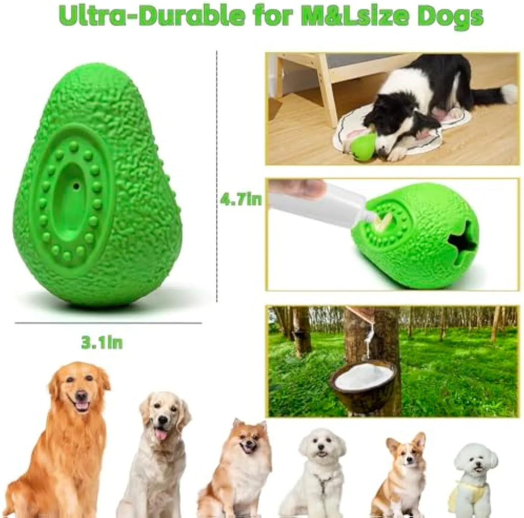 Green avocado-shaped heavy duty natural rubber dog chew toy with textured surface.