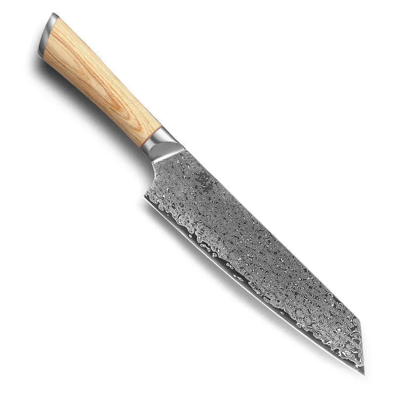 12-piece Damascus steel kitchen knife set with various blade types on a wooden block.