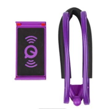 White universal neck phone holder with 360-degree rotating clamp on a table